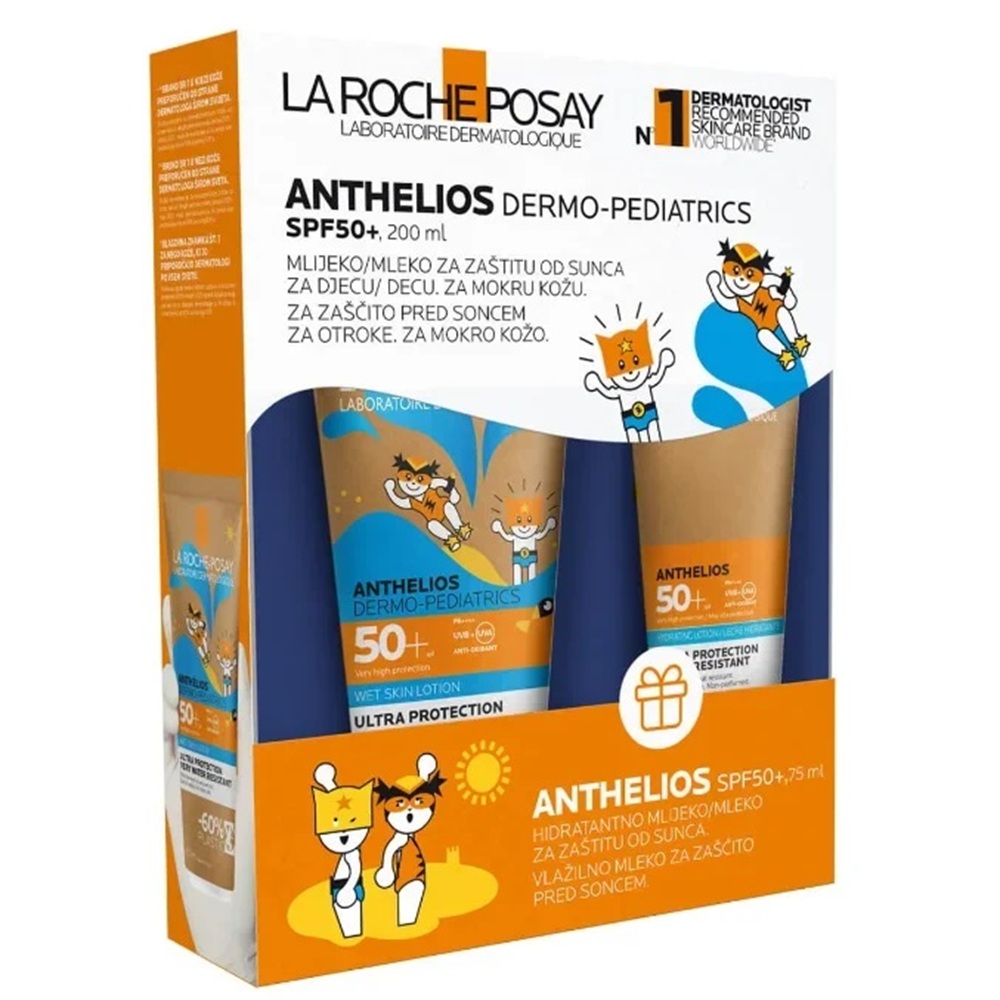 SET LA ROCHE-POSAY ANTHELIOS DERMO PEDIATRICS WET SKIN LOTION SPF50+ & HYDRATING MILK <br> Дерматолошки сет за чувствителна детска кожа за заштита од сончеви зраци, хидратација и смирување на кожата, 200/ 75мл.