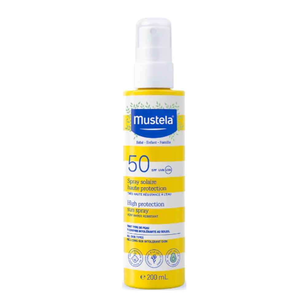 MUSTELA HIGH PROTECTION SUN SPRAY SPF50+ <br> Крема со многу висока заштита од UVA и UVB зраци за нежна и чувствителна кожа на бебиња, деца и целото семејство, 200мл.