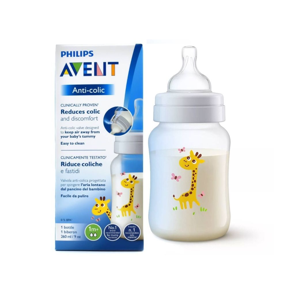 PHILIPS AVENT ANTI-COLIC BABY BOTTLE <br> Пластично шише со силиконска цуцла со антиколик систем, за 1+ месеци, 260мл